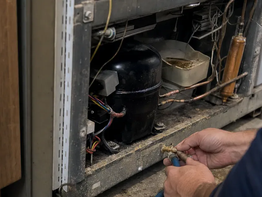 Technician's hand holding a brass fitting beside the black compressor and copper filter-drier in an open refrigerator base.