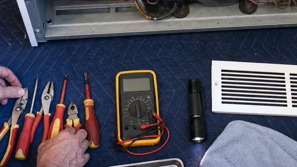 Removed white louvered grille on a blue mat beside pliers, red-handled screwdrivers, a yellow multimeter and a flashlight.