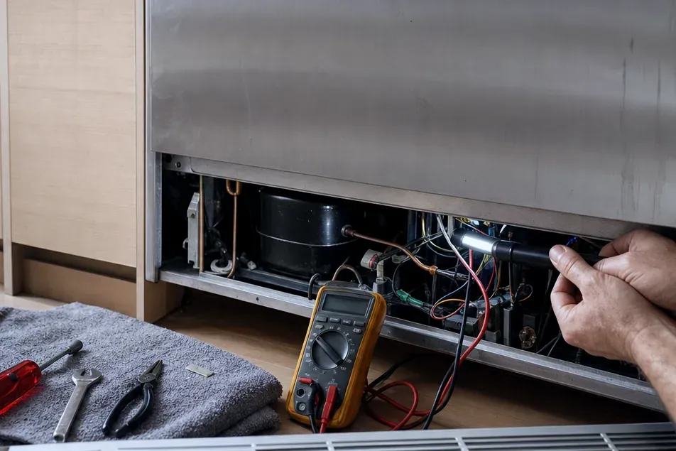 Technician's hands at the open machine compartment beneath a stainless panel, a yellow multimeter and pliers on a grey towel.