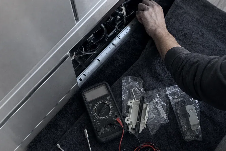 Hand lifting a stainless panel away from the base of a refrigerator, a multimeter and bagged parts on a dark towel below.